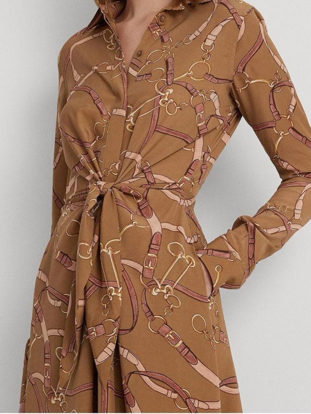 Lauren Ralph Lauren Shirtdress Womens 22W Tan Equestrian Excellent Tie Front